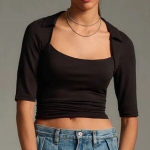 Anthropologie XL Collared Black Square Neck Blouse Top NWT